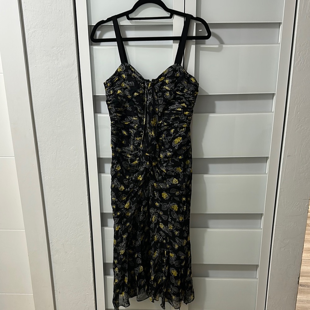 Cinq a Sept Black and Yellow Sweetheart Sheath Midi Dress
